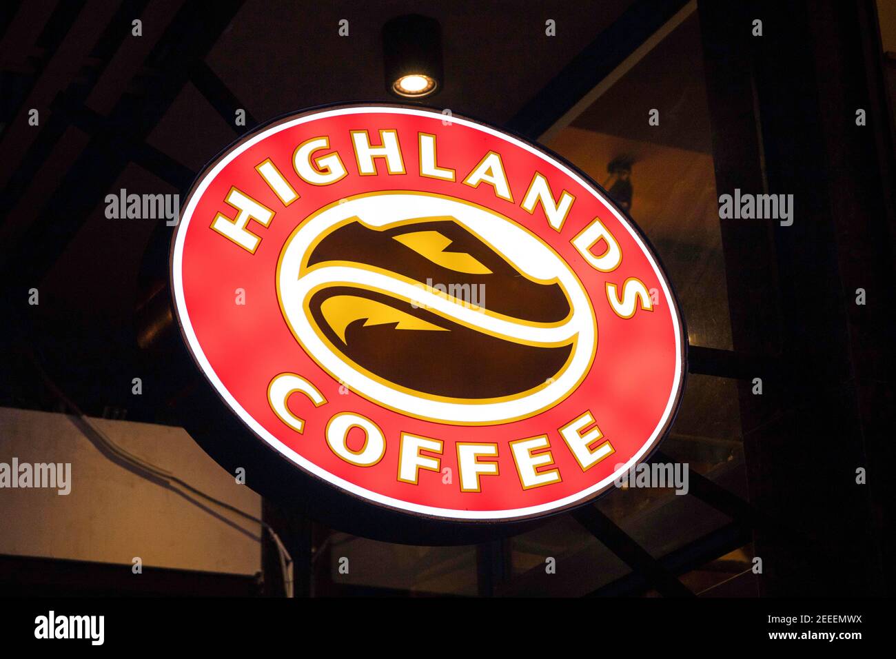Danang, Vietnam 26 Jul 2019 Highlands Coffee cafe logo lighting in