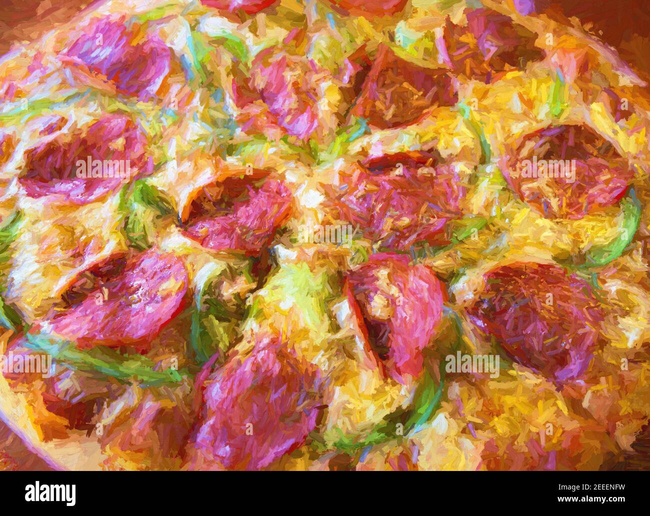 Pizza with pepperoni. Italian pizza digital illustration. Whole pizza