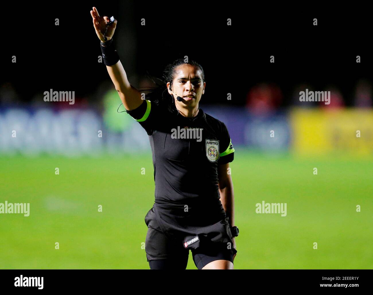 Referee Carmen Gomez in action during her Copa Paraguay match in San Estanislao, Paraguay  July 19, 2019. Picture taken July 18, 2019 REUTERS/Jorge Adorno Stock Photo