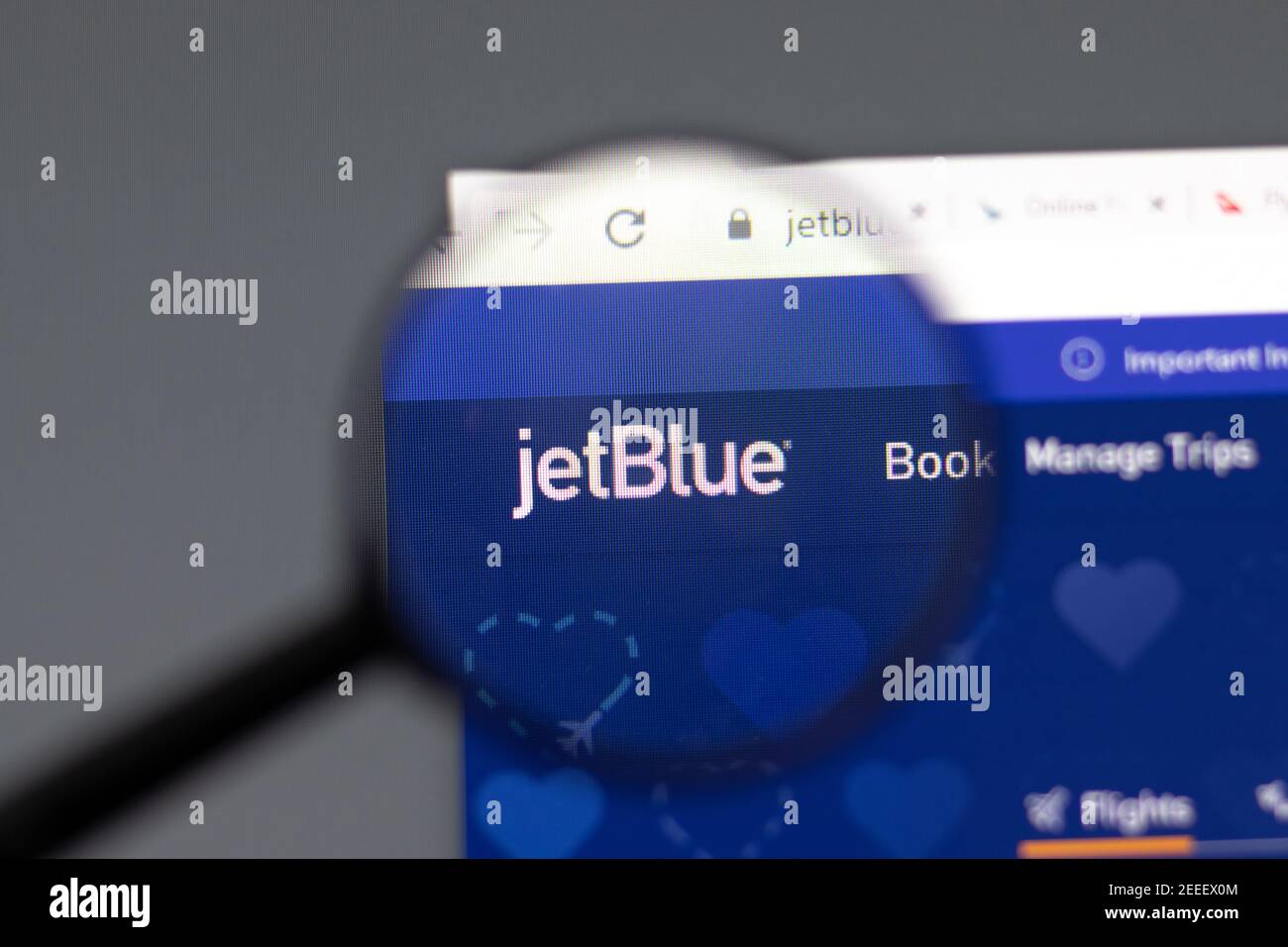 New York, USA - 15 February 2021: jetBlue website in browser with company logo, Illustrative Editorial Stock Photo