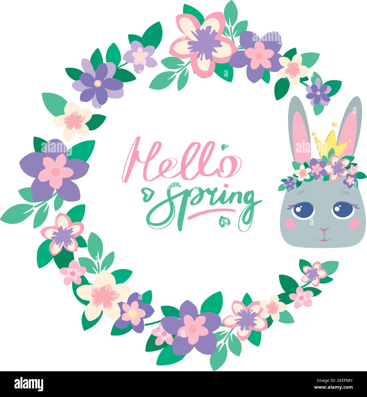 Cute wreath of flowers with a gray princess bunny. Hello spring Green and pink lettering letters. Cartoon style. Vector print on textiles for children, cards, tshirts, packaging, template Stock Vector Image & Cute wreath of flowers with a gray princess bunny. Hello spring Green and pink lettering letters. Cartoon style. Vector print on textiles for children, cards, tshirts, packaging, template Stock Vector Image &