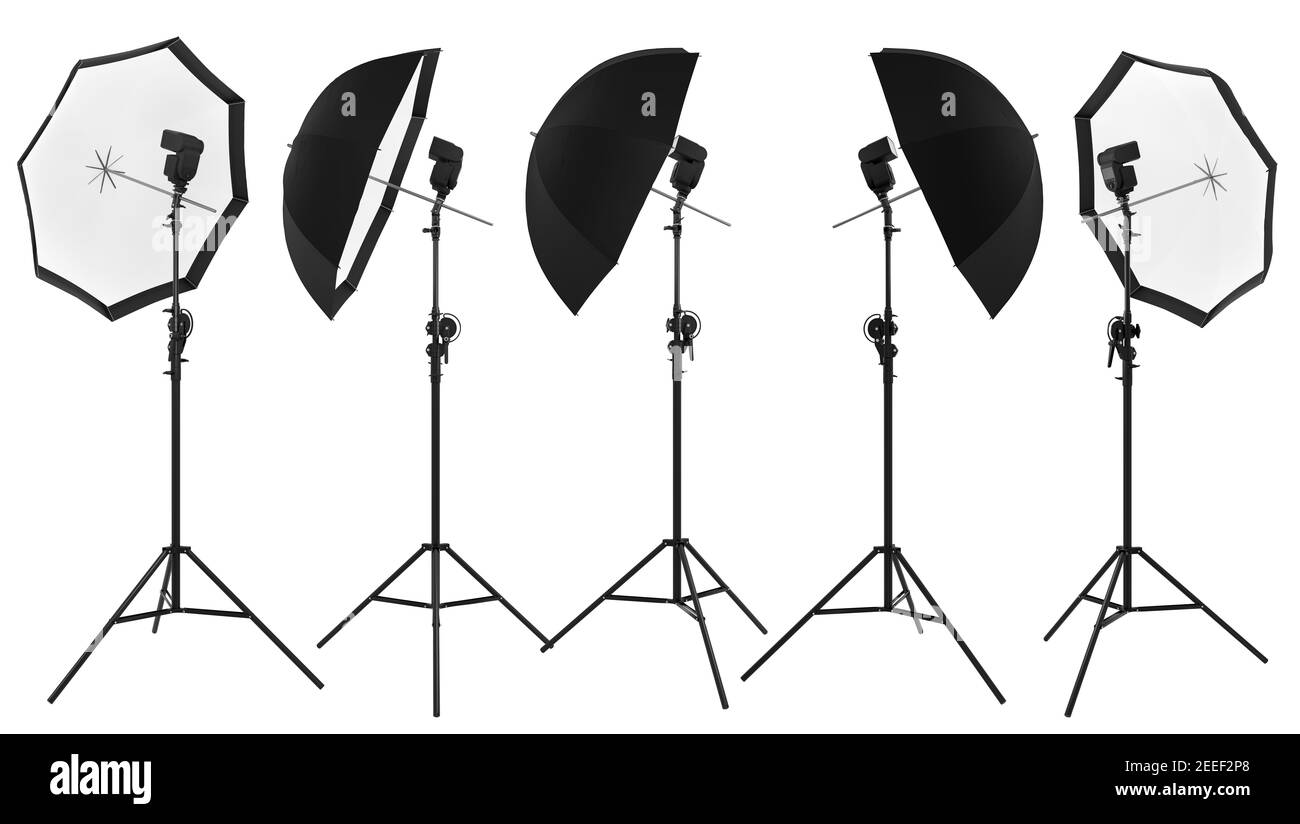 Photography studio lighting stand with speedlight and umbrella isolated