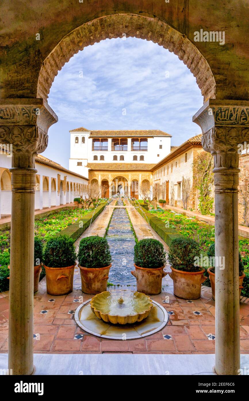 Granada, Spain - 5 February, 2021: the Generalife Palace with the Patio de la Acequia in the Alhambra in Granada Stock Photo