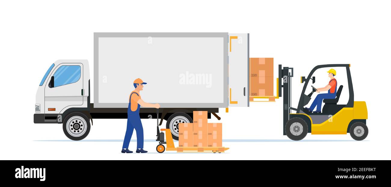 Forklift loading pallet boxes into truck Stock Vector Image & Art Alamy