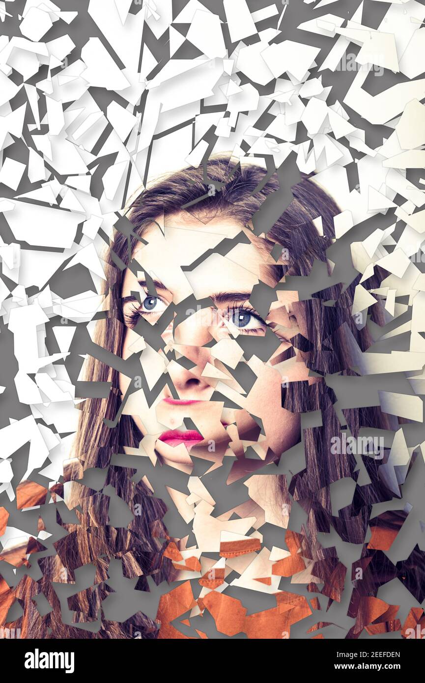 shattered portrait of a young woman, psychological fragmented personality concept Stock Photo