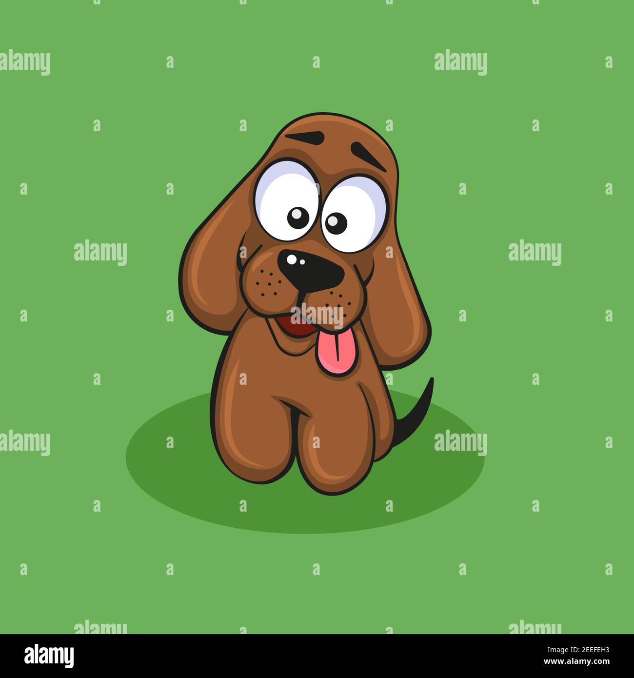 A funny cartoon-style dog in brown or chocolate sits on a green background  or lawn with his tongue out and his head slightly tilted Stock Photo - Alamy