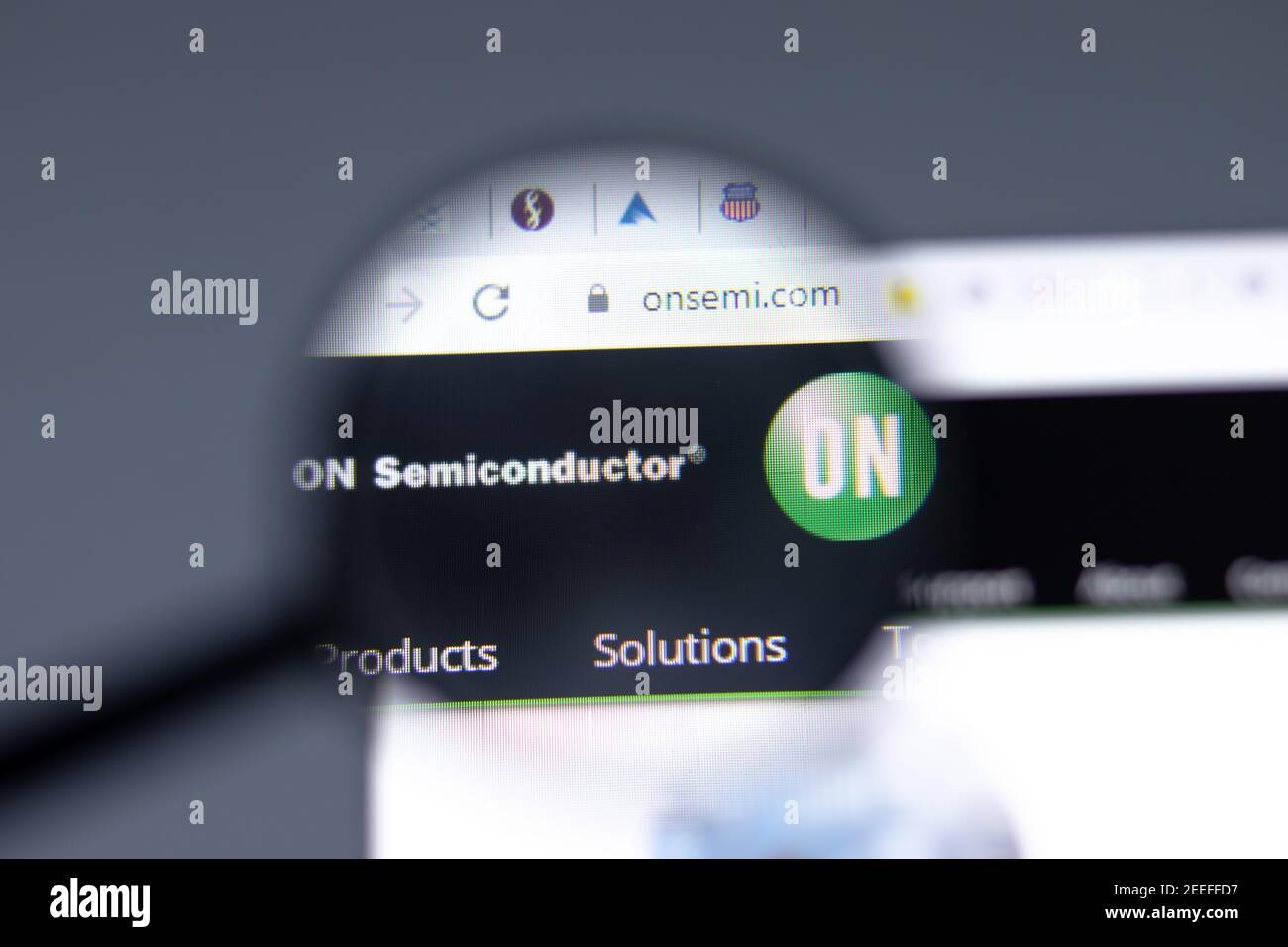 New York, USA - 15 February 2021: ON Semiconductor website in browser with company logo, Illustrative Editorial Stock Photo