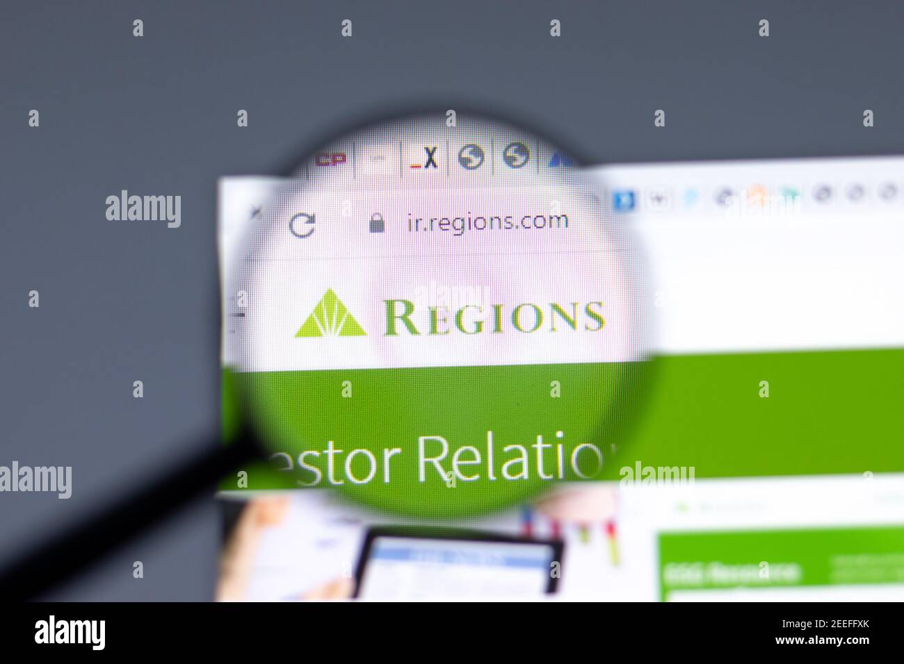 New York, USA - 15 February 2021: Regions Financial website in browser with company logo, Illustrative Editorial Stock Photo