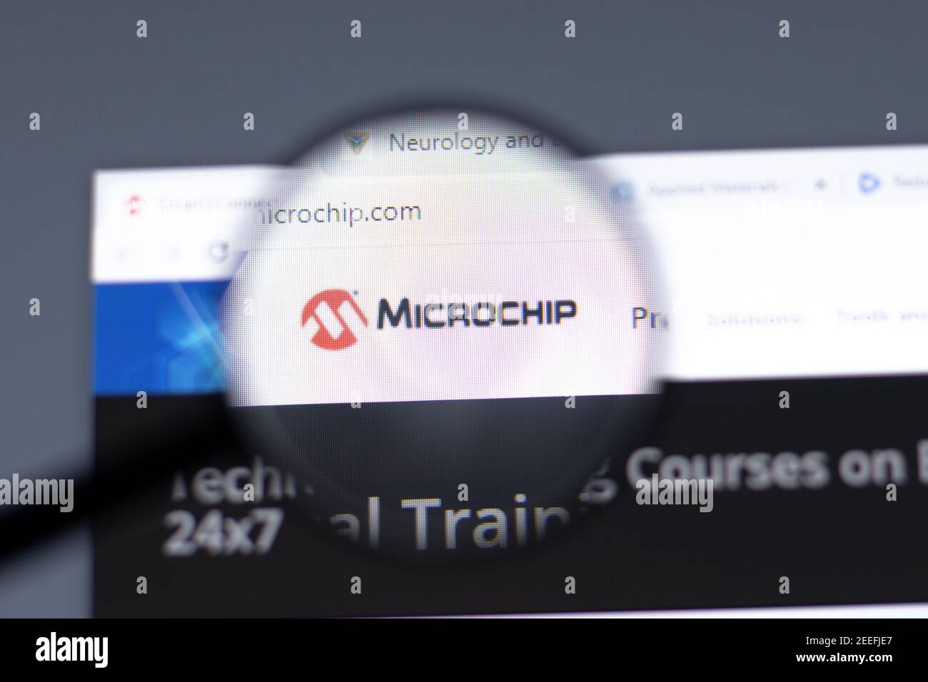 New York, USA - 15 February 2021: Microchip website in browser with company logo, Illustrative Editorial Stock Photo