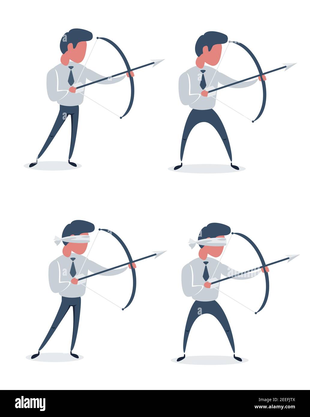 Full length portrait of a young businessman aiming with a bow and arrow isolated on white background. Set. Flat design illustration. Stock Vector