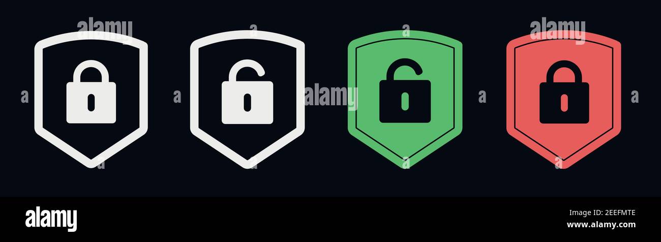 Vector shield with padlock icon set isolated on black. Stock Vector