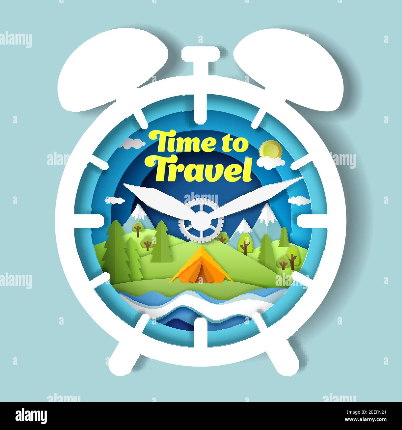 Time to travel vector poster banner design template. Paper cut clock ...