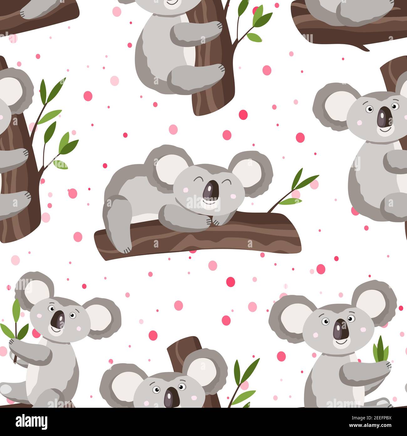 Seamless pattern with cute koala baby and hearts on white polka dots ...