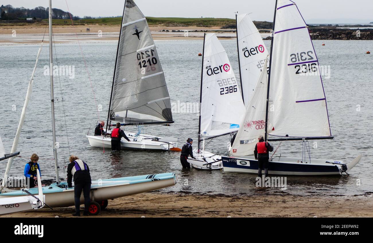 Sailing dinghies launching, North Berwick Stock Photo