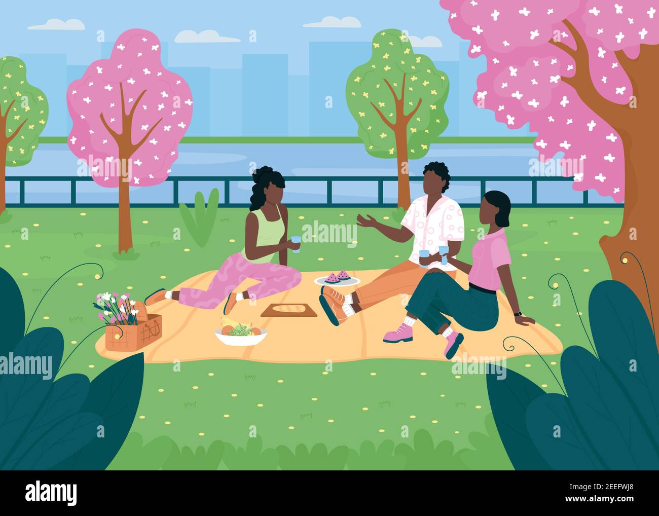 African american friend group on picnic flat color vector illustration Stock Vector