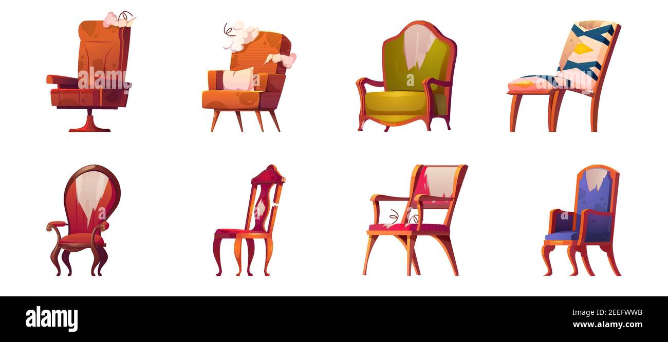 Broken chairs and armchairs old furniture isolated set, defected home
