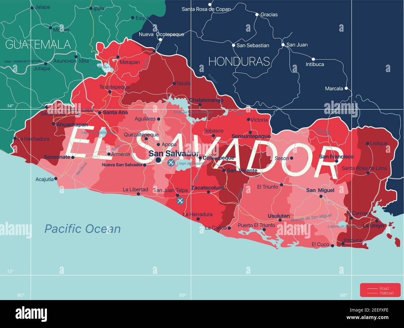 El Salvador country detailed editable map with regions cities and towns