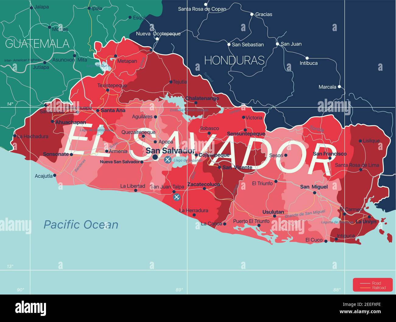 El Salvador country detailed editable map with regions cities and towns, roads and railways, geographic sites. Vector EPS-10 file Stock Vector