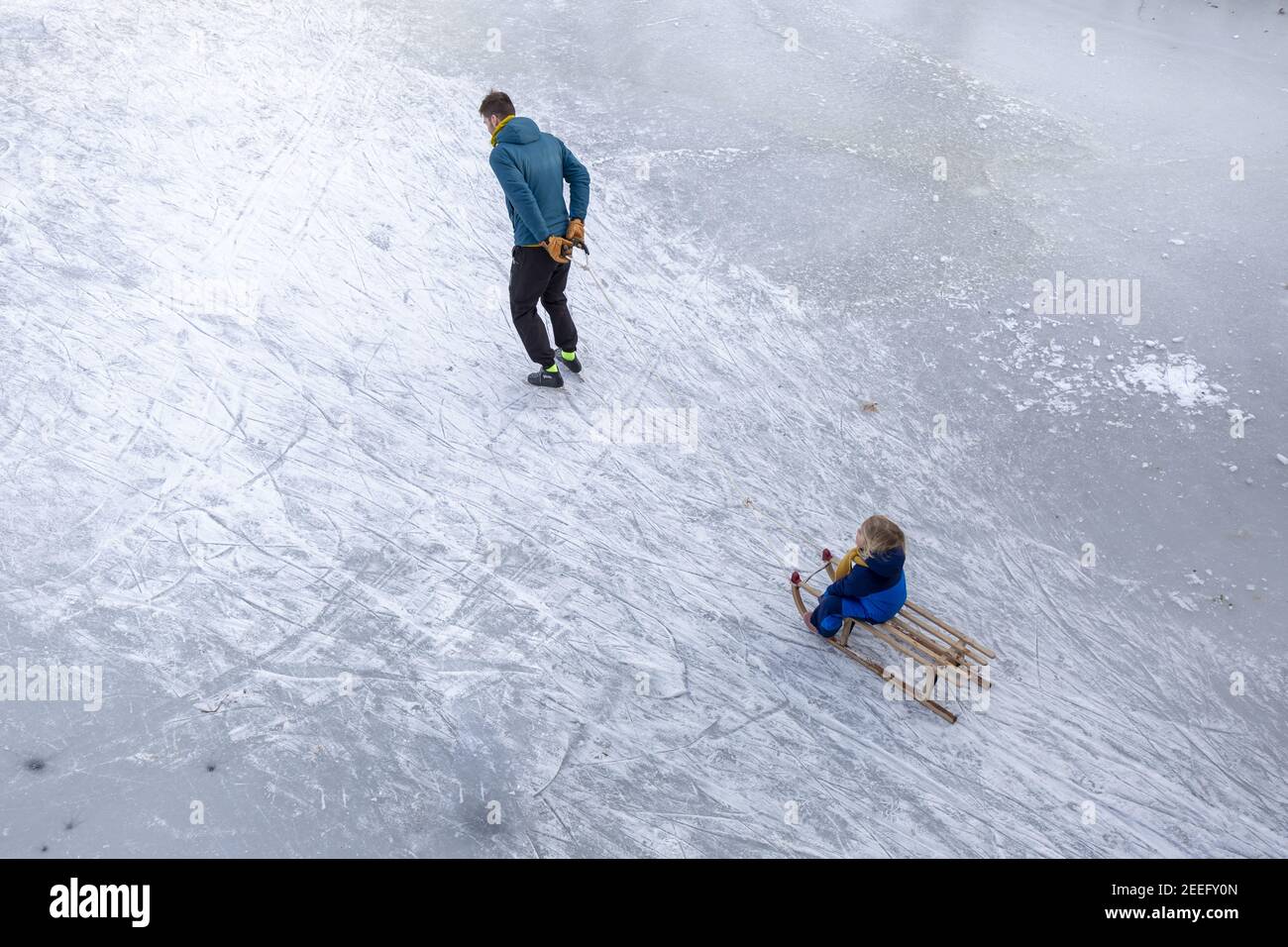 ZUTPHEN, NETHERLANDS - Feb 14, 2021: Father ice skating holding a rope dragging a child on a sled on frozen river seen from above with marks in the ic Stock Photo
