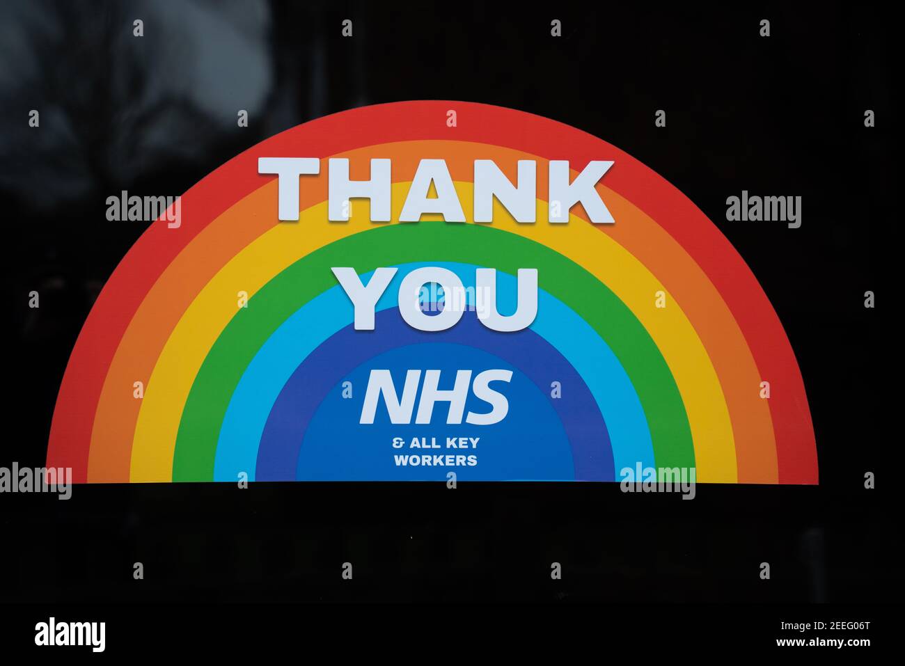 Lincolnshire's tribute to NHS, Stay at home, clap for carers, lockdown, show support, rainbow pattern thanks to all NHS staff, public house window Inn Stock Photo