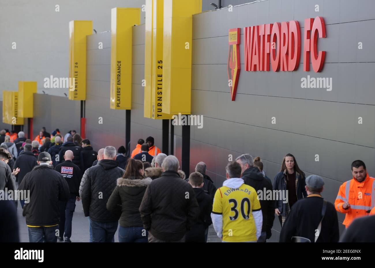 Britain Soccer Football - Watford v Southampton - Premier League - Vicarage Road - 4/3/17 General view outside the stadium before the game Reuters / Paul Hackett Livepic EDITORIAL USE ONLY. No use with unauthorized audio, video, data, fixture lists, club/league logos or 'live' services. Online in-match use limited to 45 images, no video emulation. No use in betting, games or single club/league/player publications.  Please contact your account representative for further details. Stock Photo