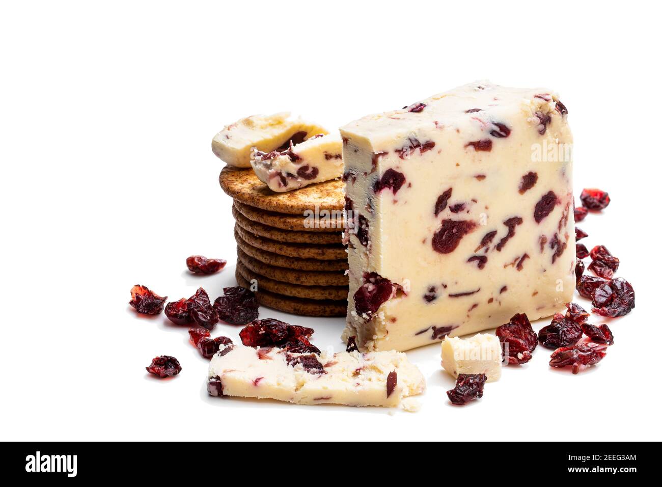 Cranberry cheddar cheese with wheat crackers isolated on white Stock