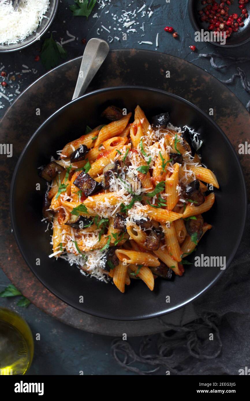 Pasta alla norma Italian pasta with eggplant, tomato and parmesan