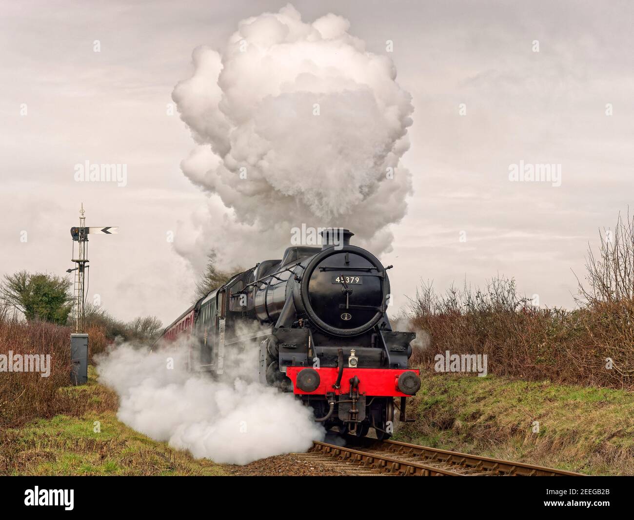 Steam train hauled by a Stanier 'Black 5' near Ropley on the Mid-Hants Railway makes a dramatic site as it pulls hard up the gradient. Stock Photo