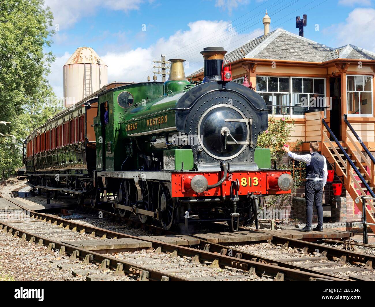 Great Western Railway steam train at the Didcot Railway centre demonstrating a branchline train from the 1920's - with Edwardian carriage and loco 813. Stock Photo