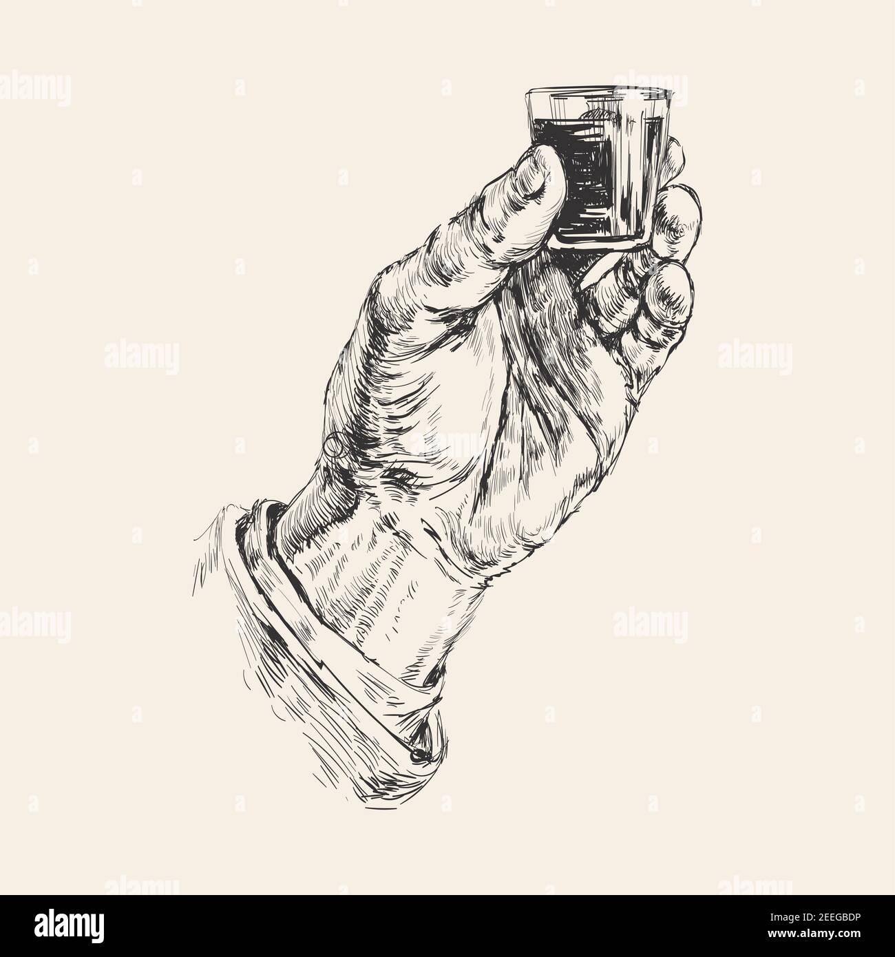 Male Hand Holding a Shot of Alcohol Drink. Hand Drawing Vector