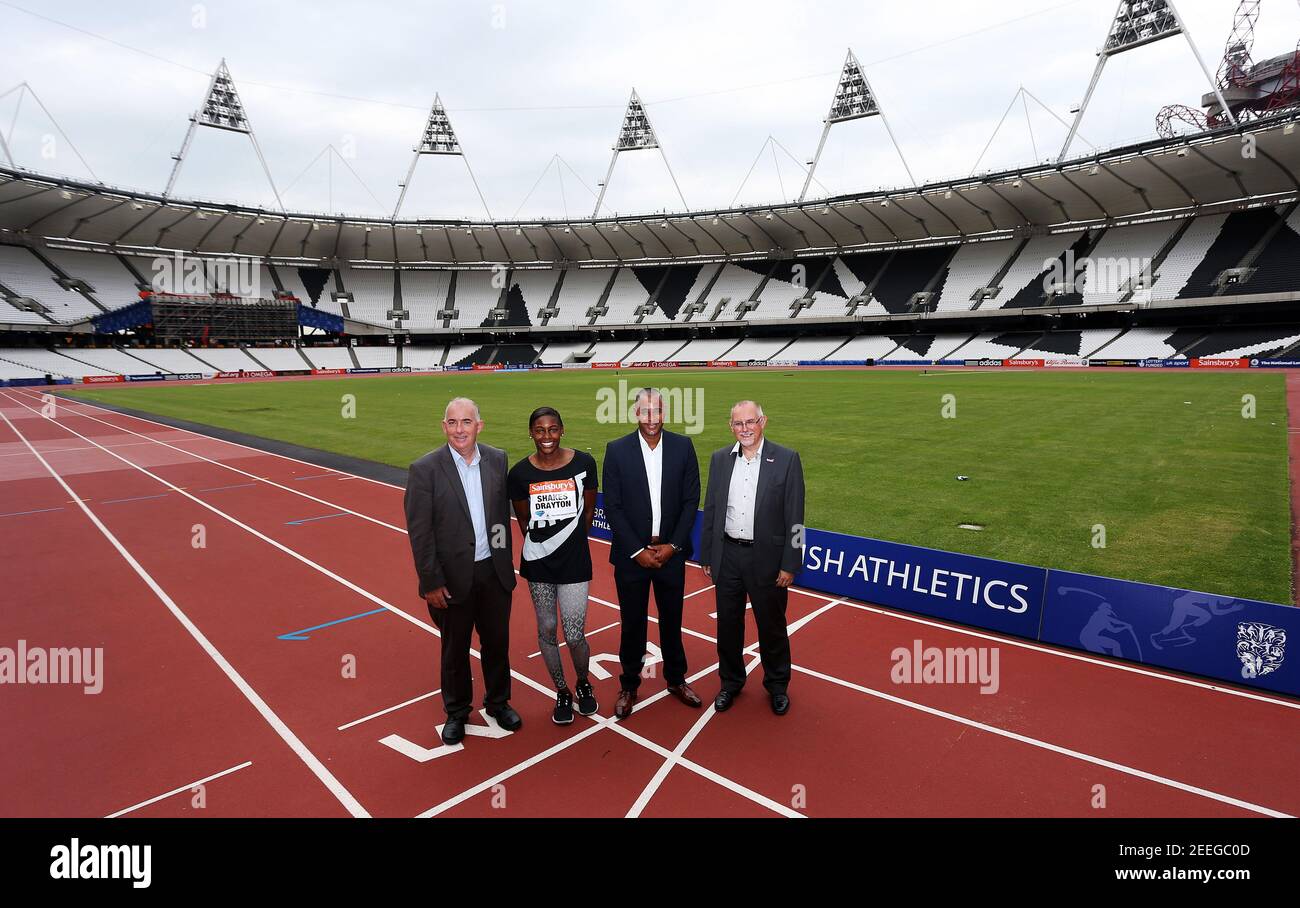 Athletics - Sainsburys Anniversary Games Preview - London - 23/7/13  Newham Council Chief Executive Kim Bromley-Derry, Great Britain Perri Shakes-Drayton, British Athletics Board member Jason Gardener and LLDC CEO Dennis Hone pose ahead of the Sainsbury's Anniversary Games  Mandatory Credit: Action Images / Steven Paston  Livepic Stock Photo