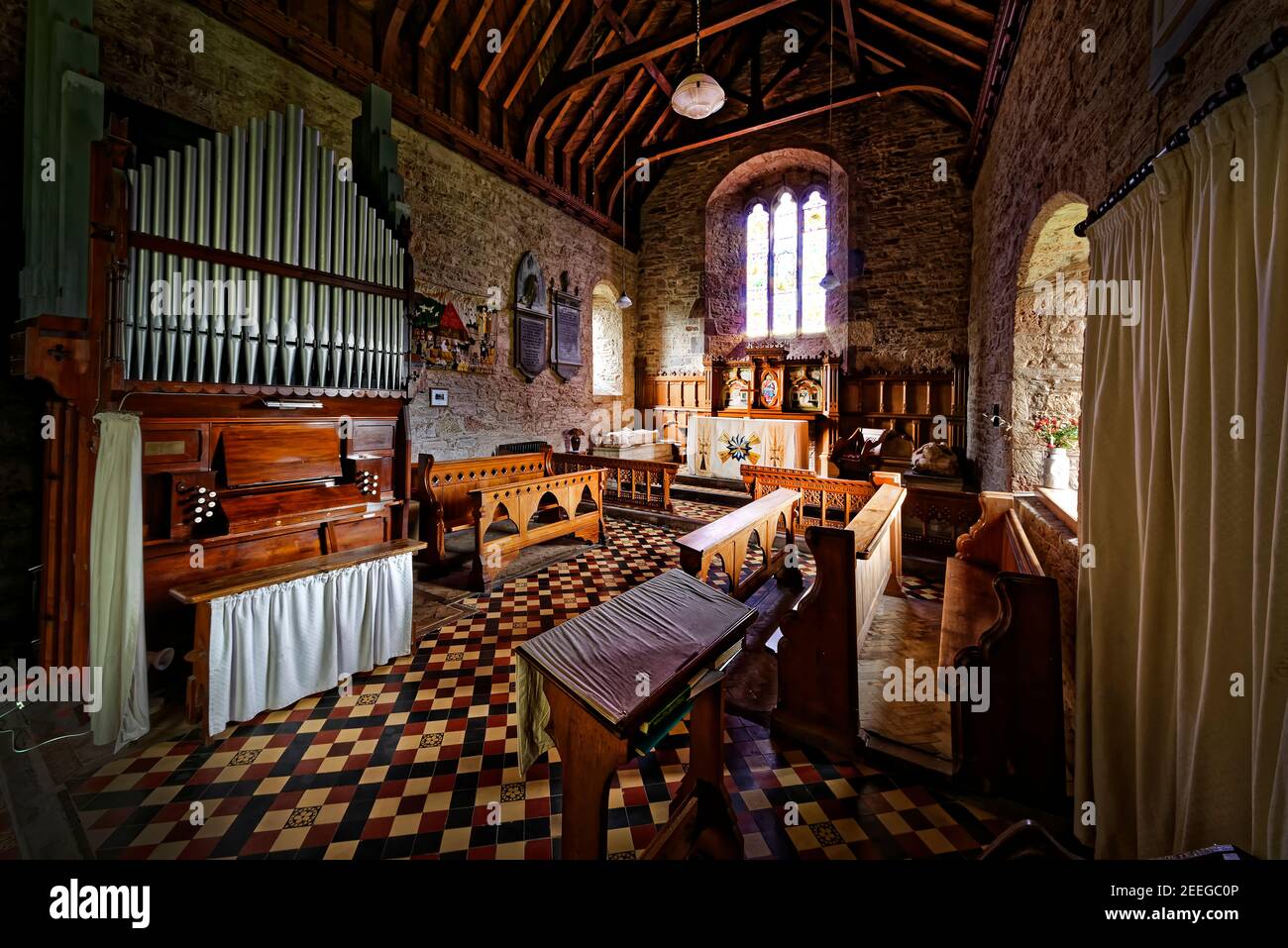 St Andrew's Bredwardine is a fascinating very old church, in a beautiful and peaceful setting above the banks of the River Wye. Stock Photo
