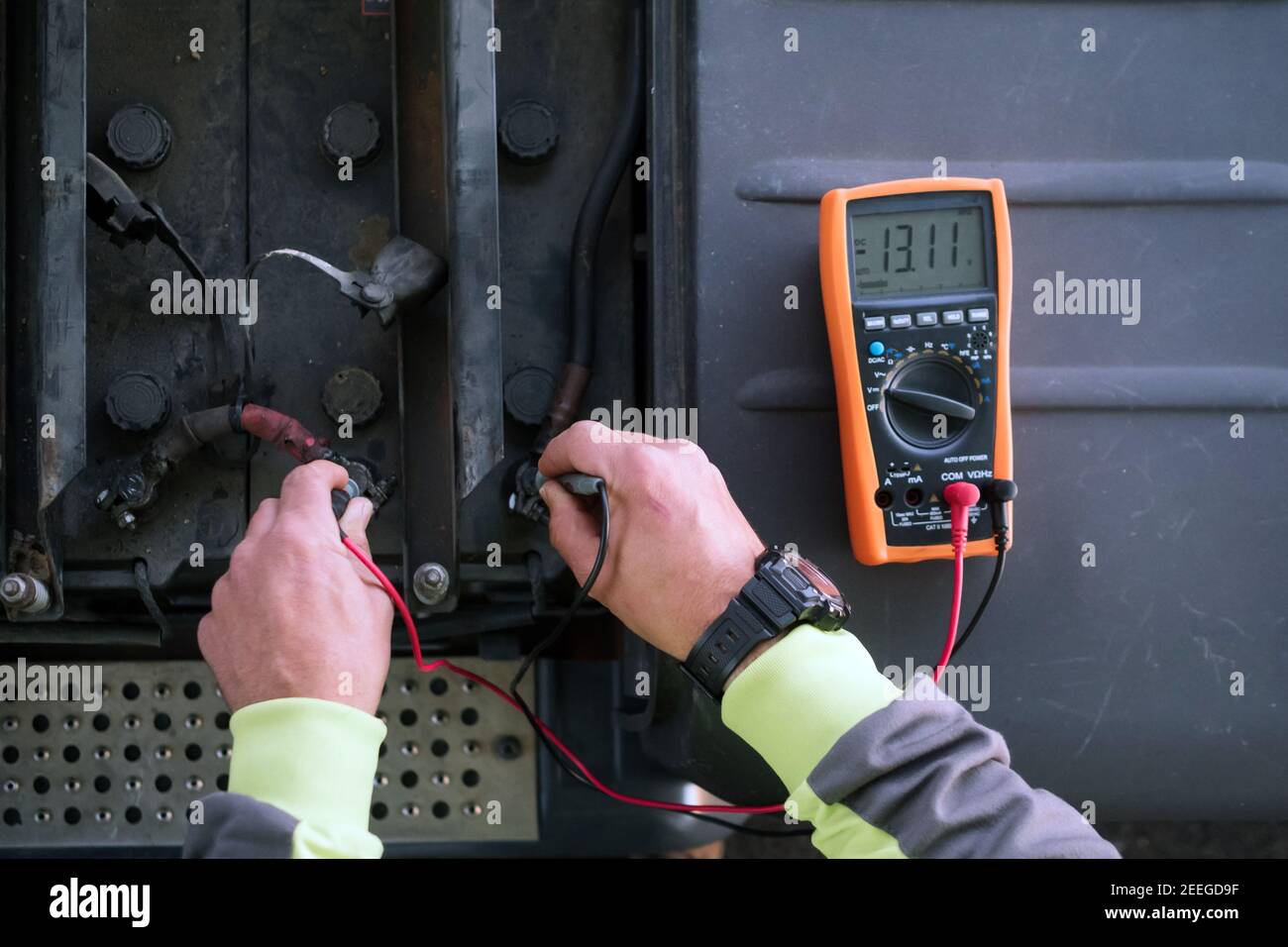 Concept work and technology. Detail of hands testing a battery with a