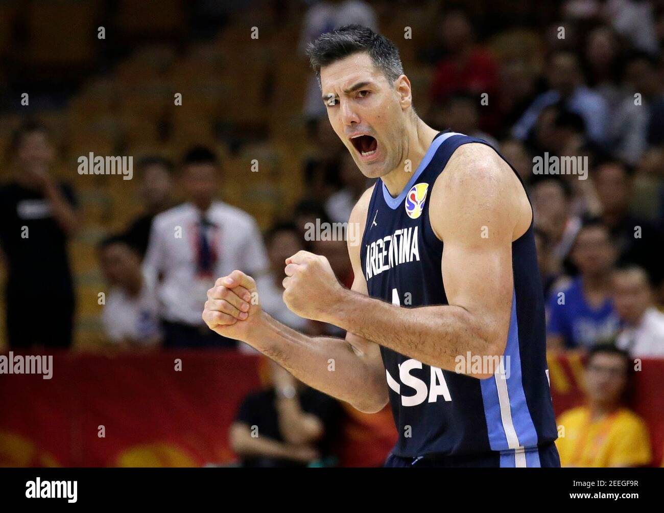 Basketball - FIBA World Cup - First Round - Group B - Russia v Argentina - Wuhan Sports Centre, Wuhan, China - September 4, 2019 Argentina's Luis Scola celebrates victory after the match REUTERS/Jason Lee Stock Photo
