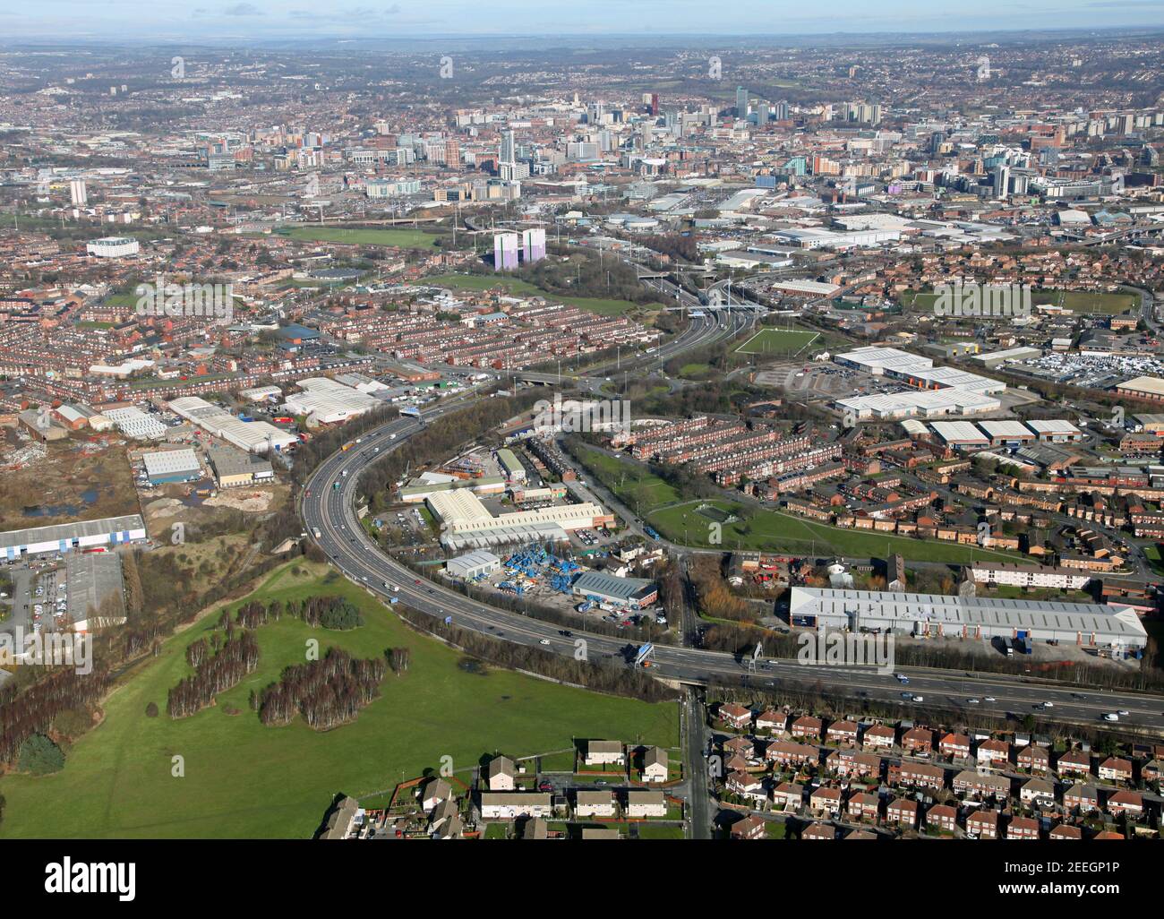 aerial view from the south of Leeds city centre skyline with junction 6 of the M521 motorway in the near foreground looking across Hunslet Stock Photo