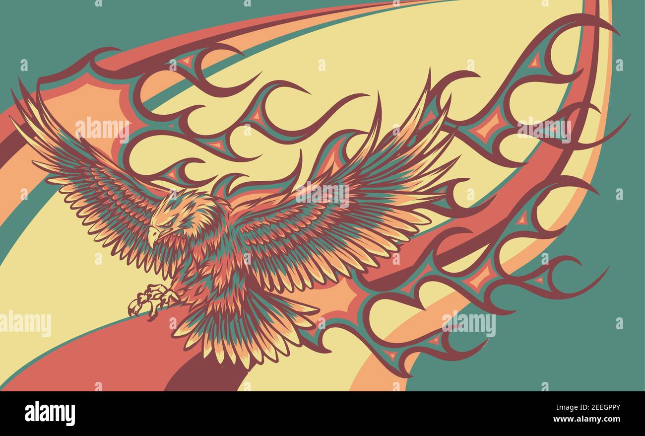 vector illustration of eagle with flames on colored background Stock Vector