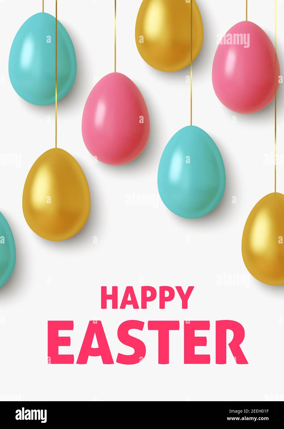 Realistic Gold, blue and pink easter eggs with on white background. Vector Stock Vector