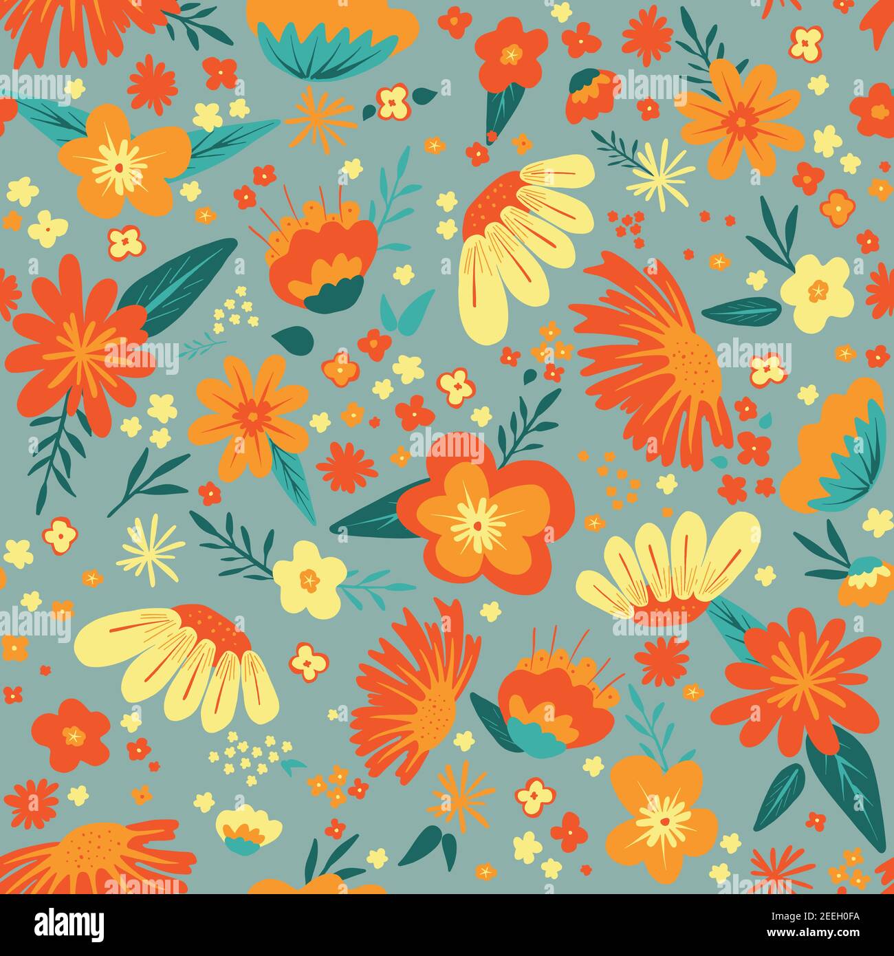 Seamless repeat vector pattern with flowers and leaves inmixed colors on grey background. Hand drawn fabric, gift wrap, wall art design. Stock Vector