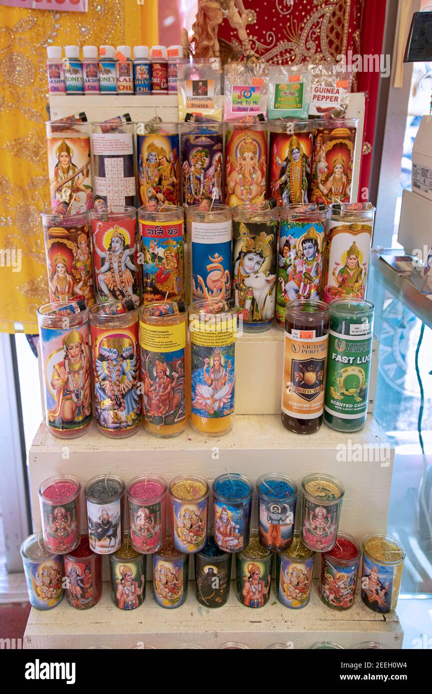 Hindu votive candles or sale Shakti Saree & Spiritual on Liberty avenue in Richmond Hill, Queens, New York Stock Photo