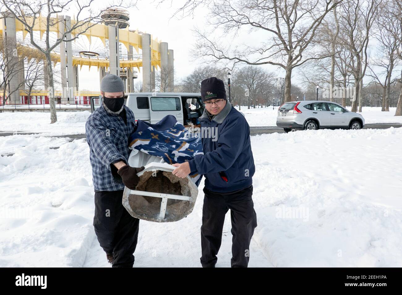 Devout Catholics carry a statue of Virgin Mary tothe site in Queens where Veronica Lueken saw her visions of Jesus, Mary & various saints. Stock Photo