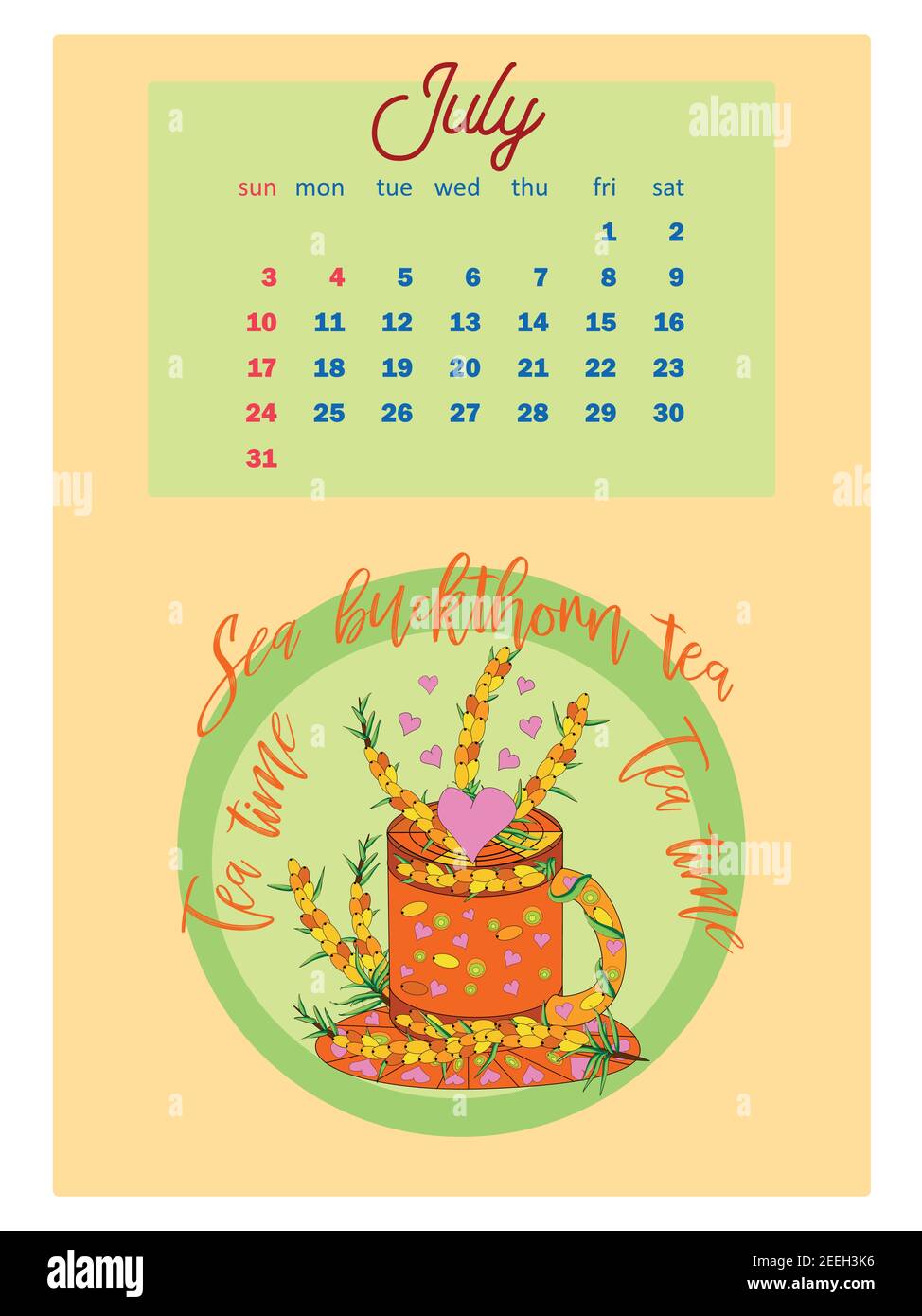 Drinks calendar 2022 with seasonal dessert of various tea, coffee, cocoa. Fruits, berries, cakes, tea. Teas with prescription ingredients. vertical ca Stock Vector