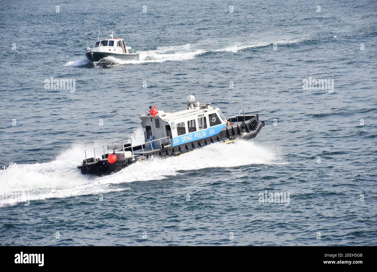 Istanbul Bosphorus marine police boat cruising Stock Photo