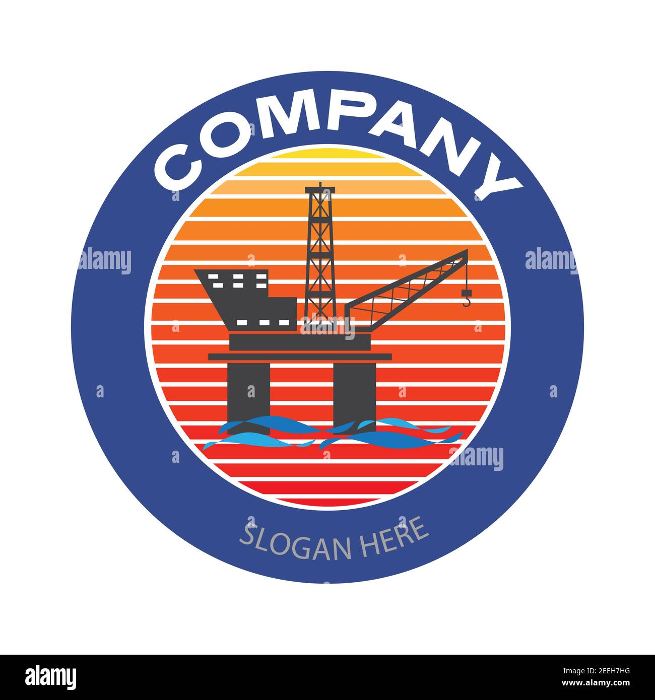 Drilling rig company logo. Offshore oil platform badge in circle. Oil