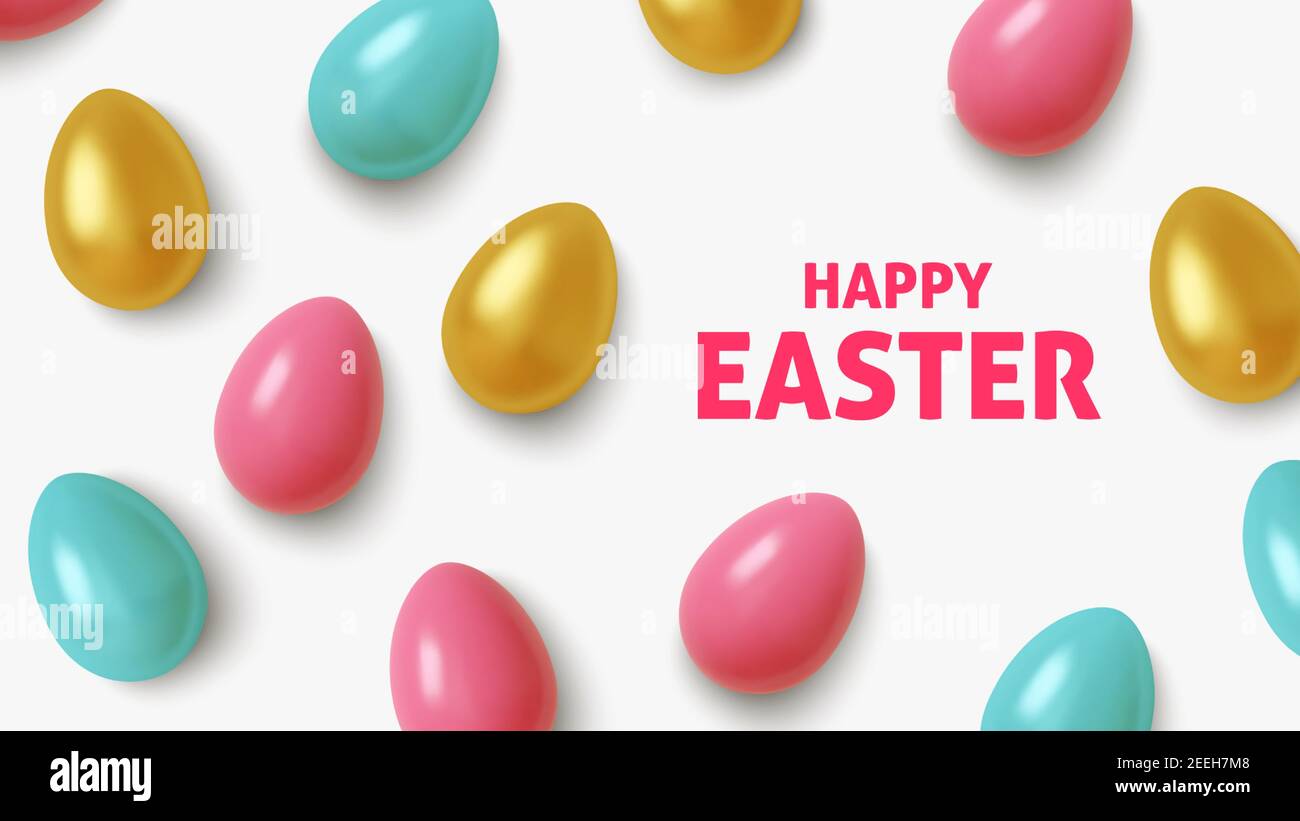 Realistic Gold, blue and pink easter eggs with on white background. Vector Stock Vector