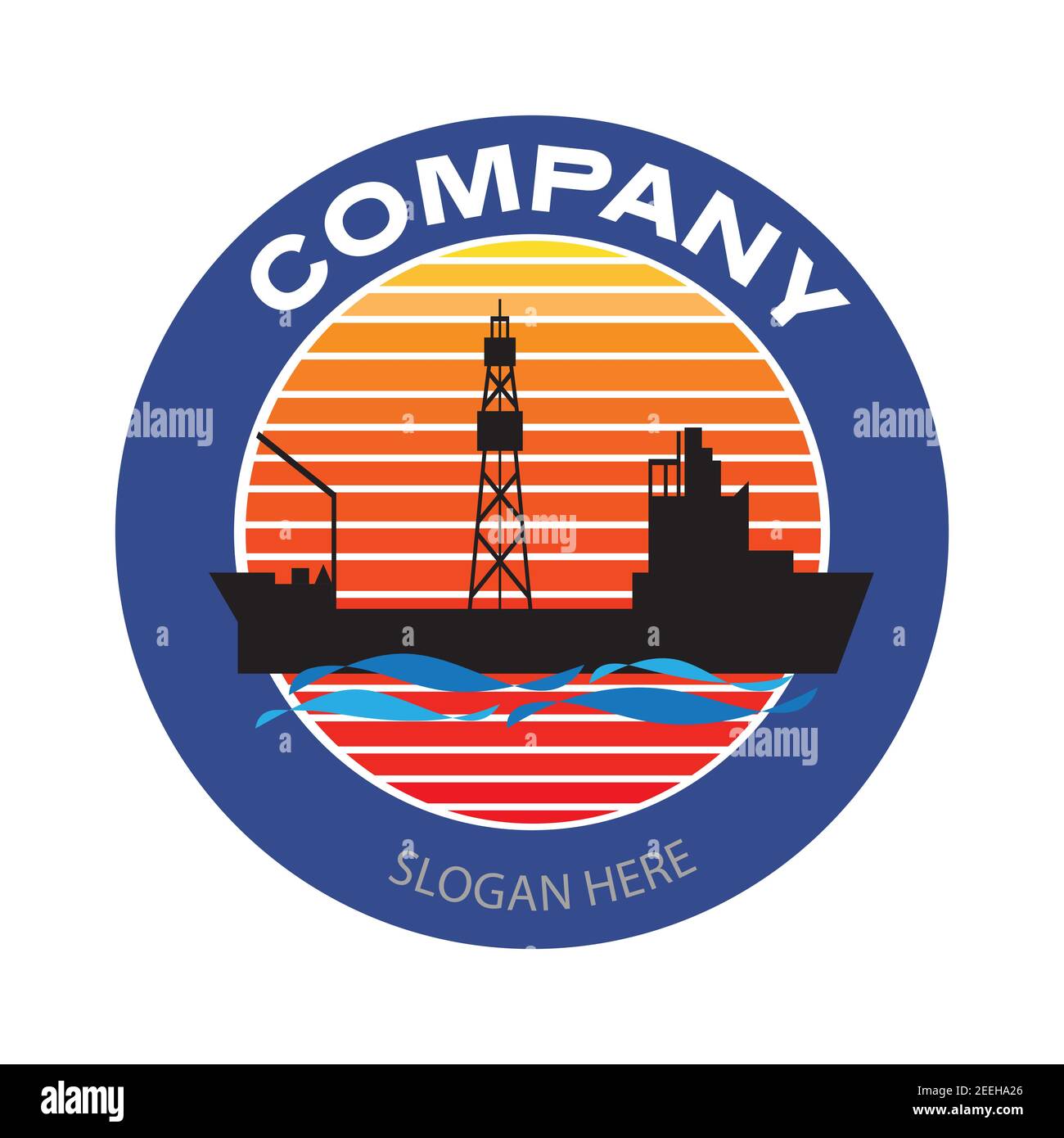 Drilling ship company logo. Oil platform cargo ship badge in circle. Oil and gas industry vector illustration design Stock Vector
