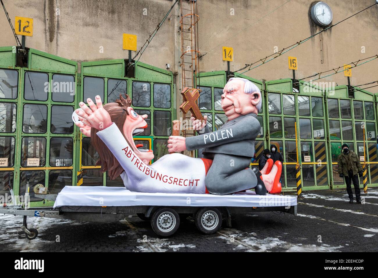 Float about strict abortion laws in Poland. Carnival floats created by German artist Jacques Tilly were presented and later exhibited throughout Dusseldorf as the main carnival parade was cancelled due to the coronavirus pandemic. Stock Photo