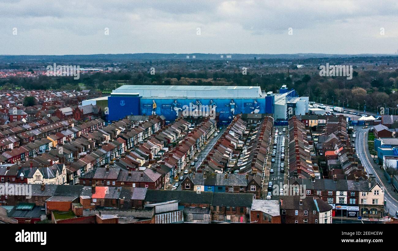 Aerial view of goodison park home of everton football club hires stock