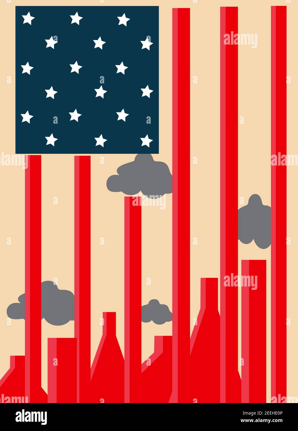 illustration of the american flag and various factories at the bottom that pollute the environment, on a red background Stock Photo