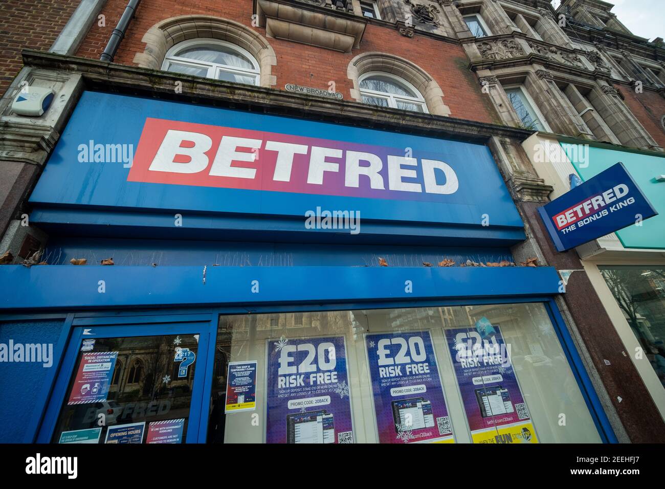 London- February, 2021: Betfred, a high street bookmaker gambling shop in Ealing Broadway Stock Photo