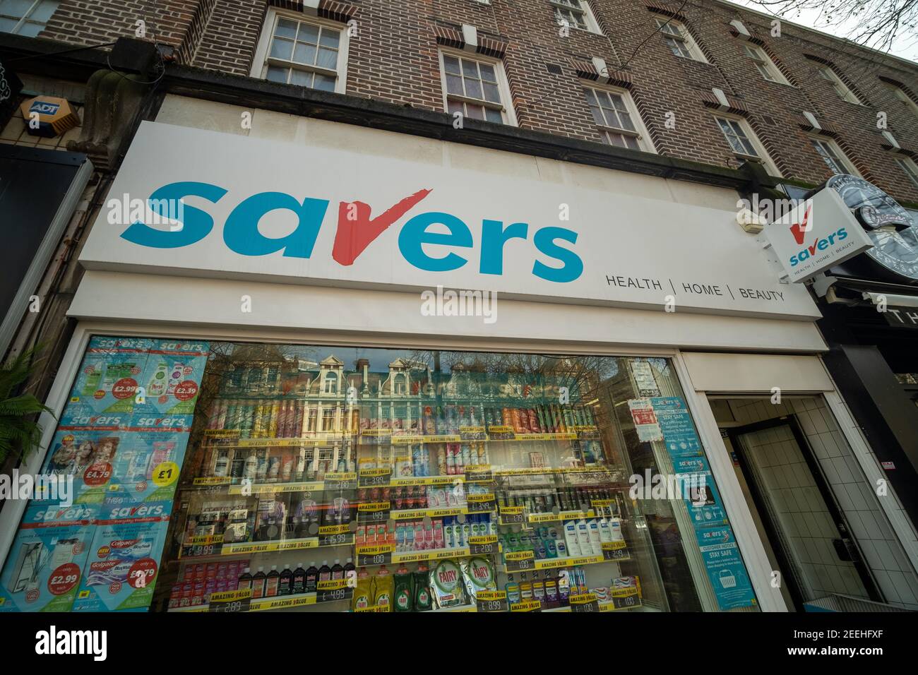 London- February, 2021: Savers store on high street in Ealing, a chain of British discount stores Stock Photo